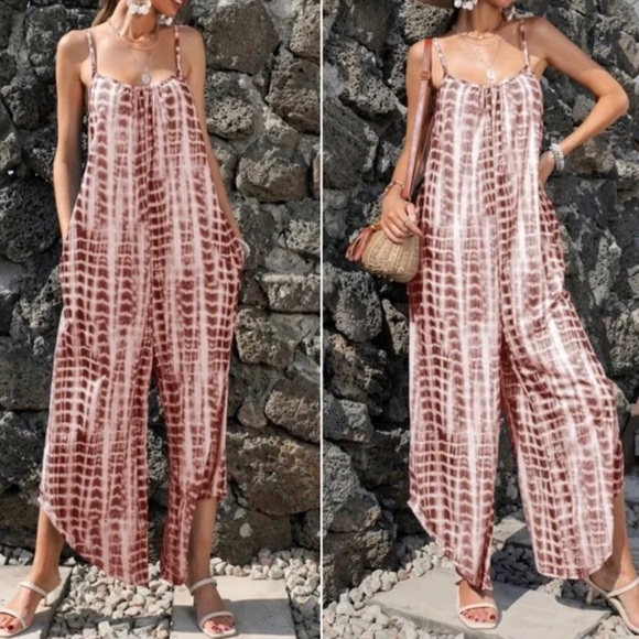 Boho Tie Dye Ombre Wide Leg Pants Pocket Jumpsuit - Picture 4 of 15